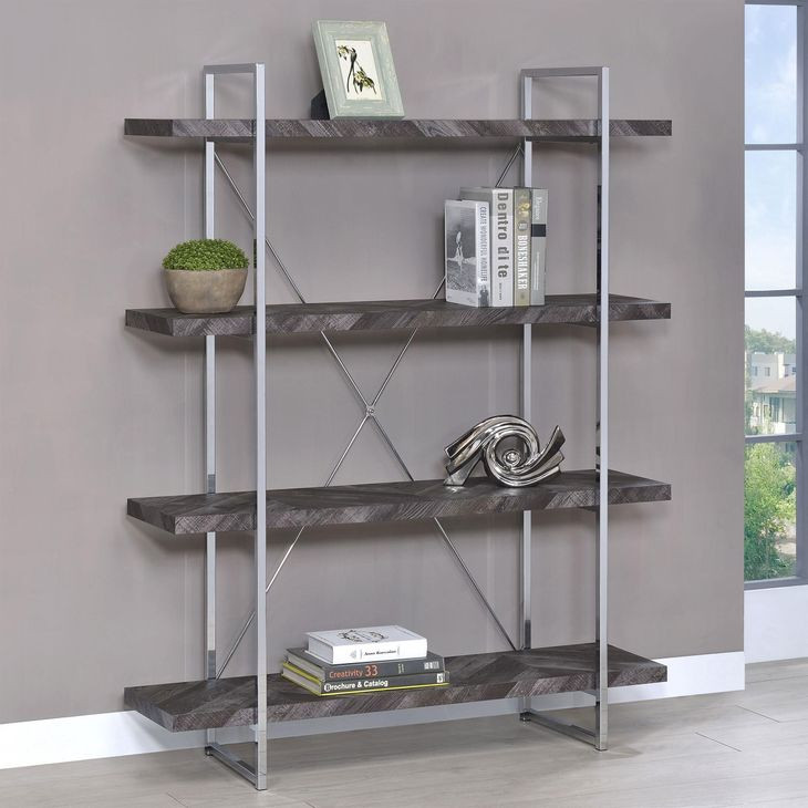 Grimma Rustic Gray Herringbone and Chrome Bookcase