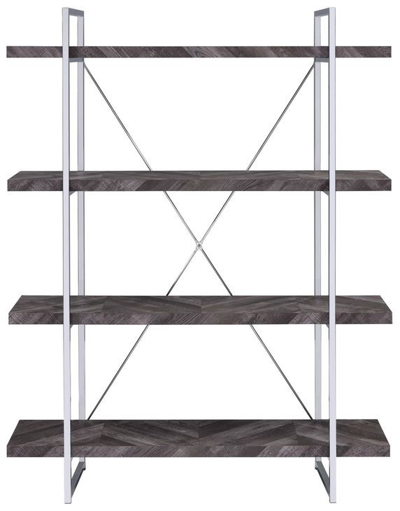 Grimma Rustic Gray Herringbone and Chrome Bookcase