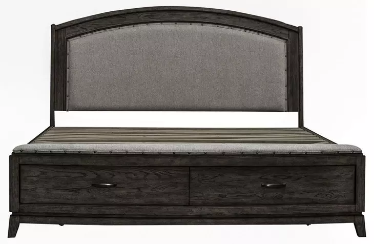 Avalon Coffee Bean and Oatmeal King Upholstered Storage Panel Bed with Nailhead Trim