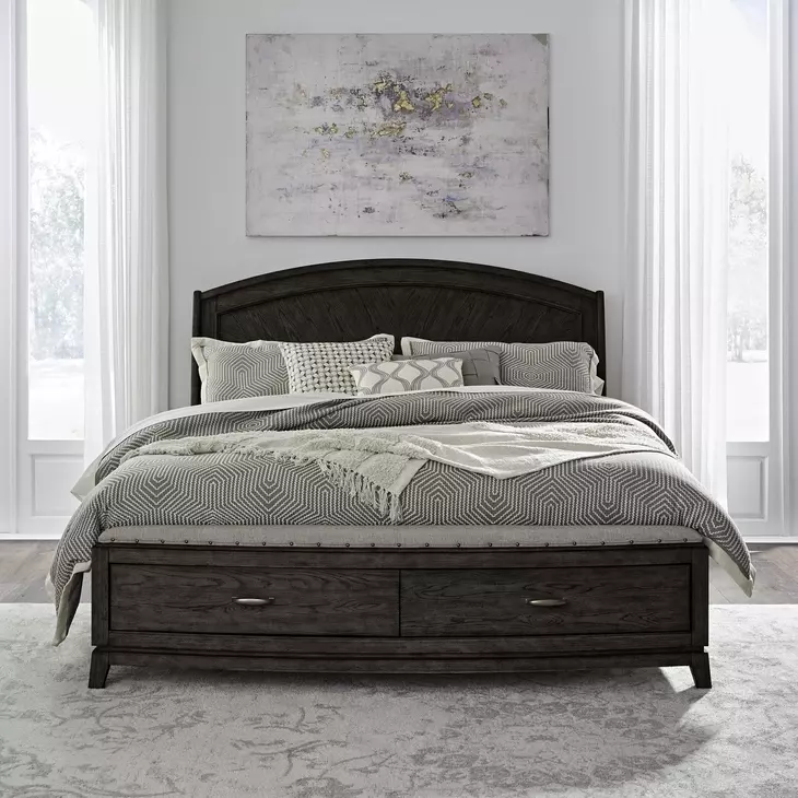 Avalon Coffee Bean Queen Storage Panel Bed with Nailhead Trim