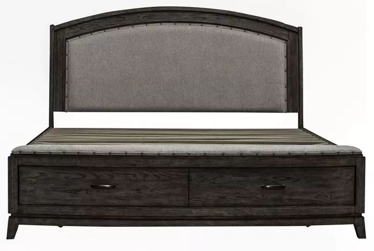 Avalon Coffee Bean and Oatmeal Queen Upholstered Storage Panel Bed with Nailhead Trim