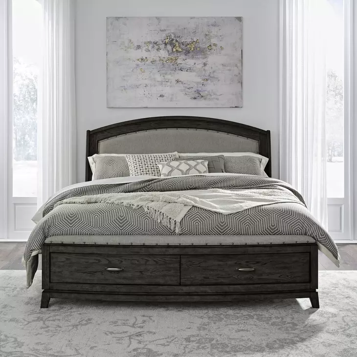 Avalon Coffee Bean and Oatmeal Queen Upholstered Storage Panel Bed with Nailhead Trim