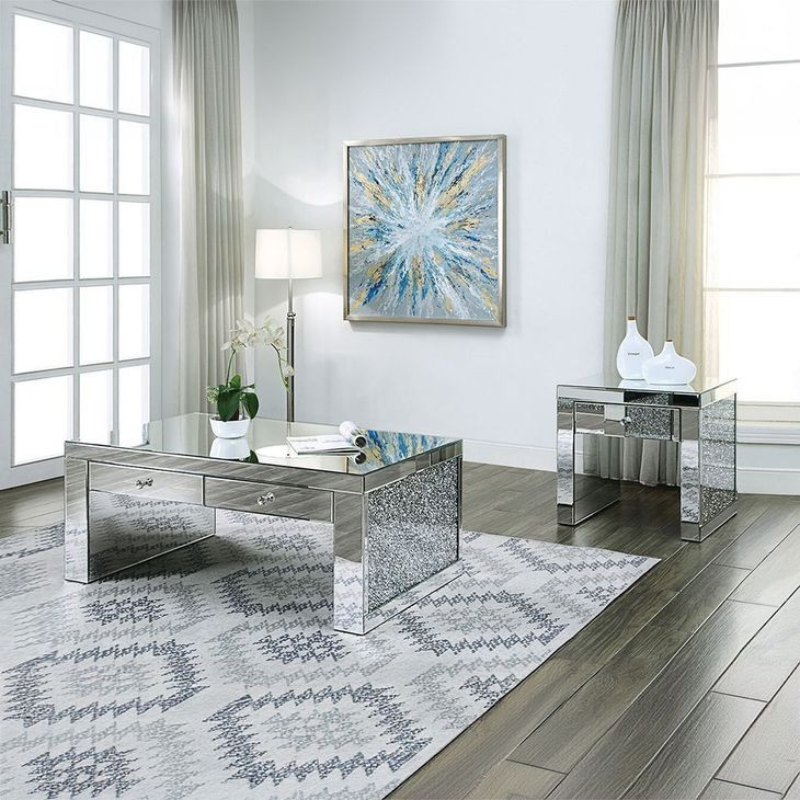 Noralie Silver and Gray Square Glass Top End Table with 1 Drawer
