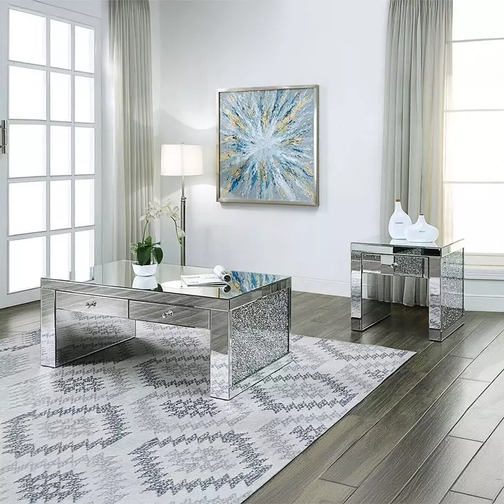 Noralie Silver and Gray Square Glass Top End Table with 1 Drawer