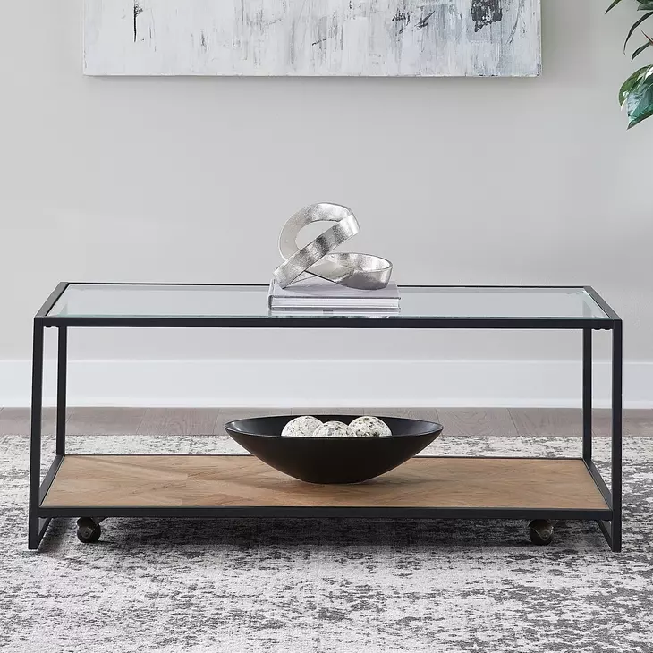 Bedford Weathered Oak and Black Rectangular Glass Top Occasional Table Set