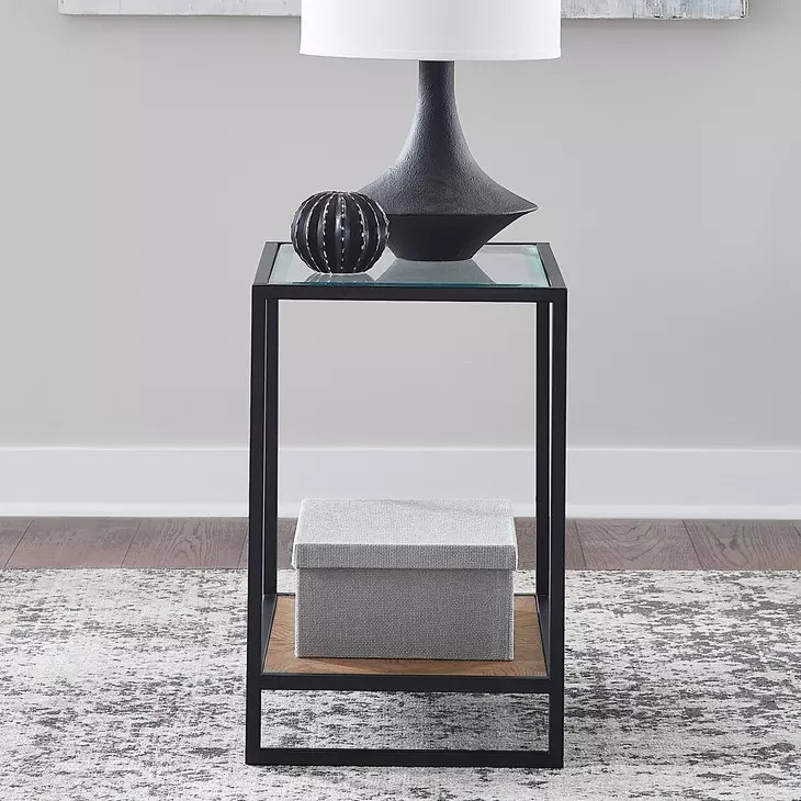 Bedford Weathered Oak and Black Rectangular Glass Top Chairside Table