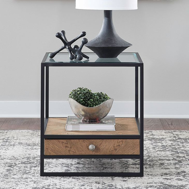 Norwood Weathered Oak and Black Rectangular Glass Top End Table