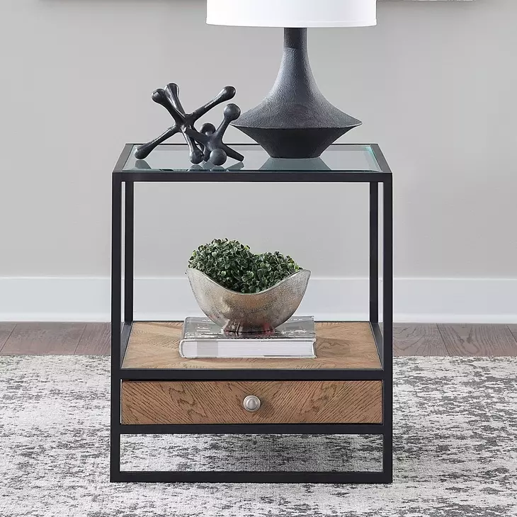 Bedford Weathered Oak and Black Rectangular Glass Top End Table