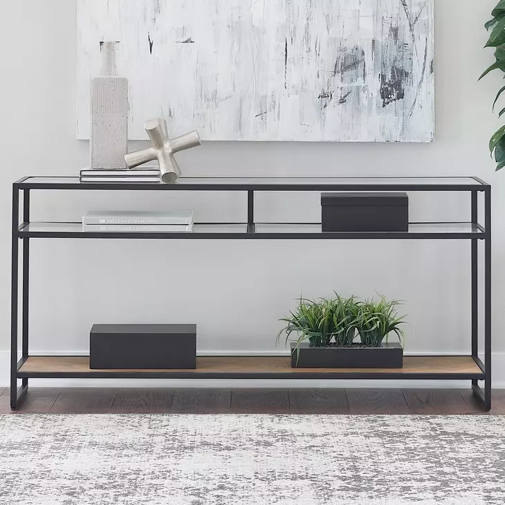 Bedford Weathered Oak and Gray Rectangular Glass Top Sofa Table