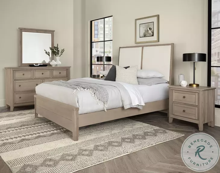 Woodbridge Shadow Gray And White California King Upholstered Low Profile Panel Bed