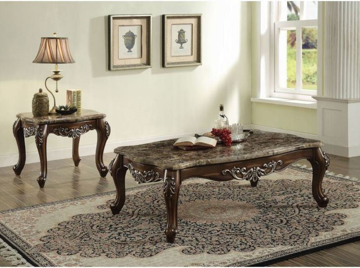 Latisha Gray and Antique Oak Rectangular Marble Top Coffee Table