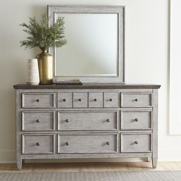 Homestead Antique White and Tobacco 6 Drawer Dresser with Mirror