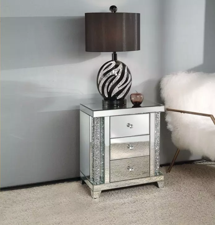 Noralie Silver and Gray Night Table with 3 Drawers
