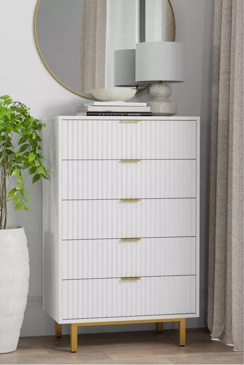 Casey White and Gold 5 Drawer Chest