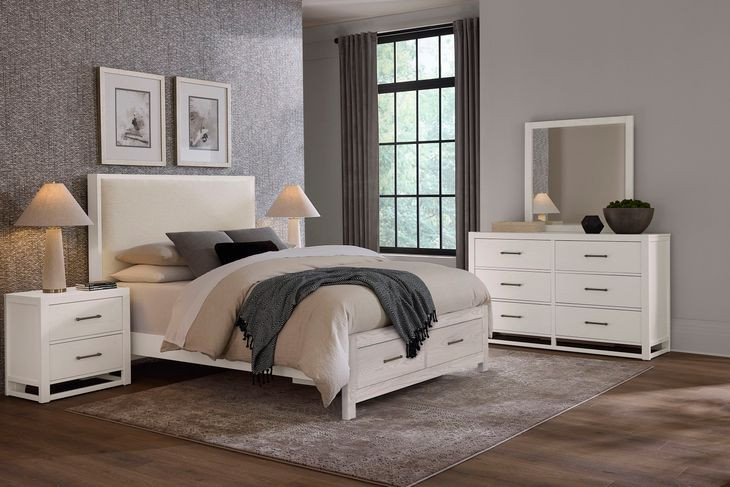 Lodge and Loft Cream Performance Fabric Queen Upholstered Storage Panel Bed