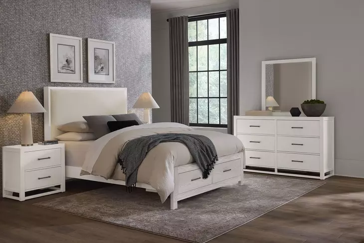 Lodge and Loft Cream Performance Fabric Queen Upholstered Storage Panel Bed