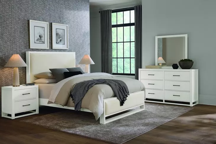 Lodge and Loft Cream Performance Fabric King Upholstered Panel Bed