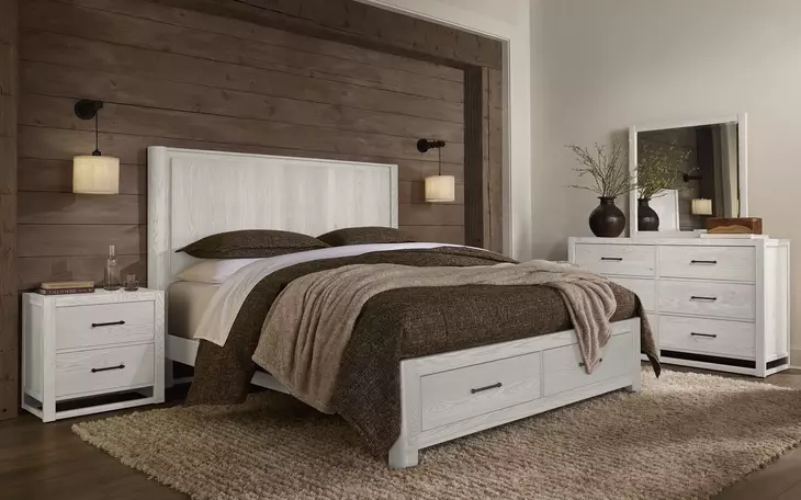 Lodge and Loft Soft White Queen Radius Storage Poster Bed