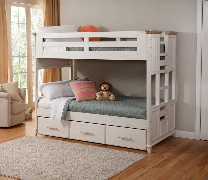 Beach Comber Weathered White and Sand Twin Bunk Bed with Trundle Unit