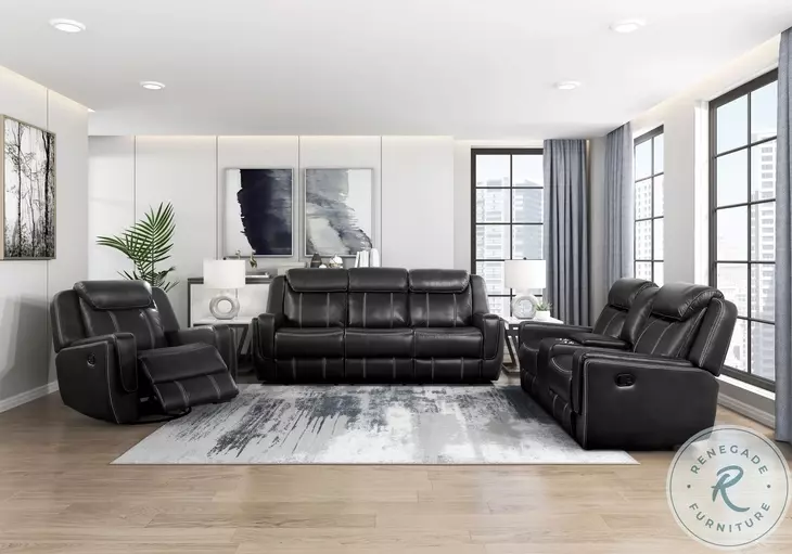 Littleton Black Double Reclining Sofa with Center Drop Down Cup Holders