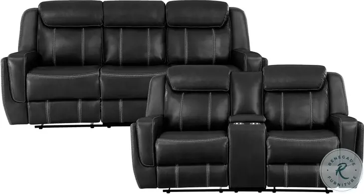 Littleton Black Double Reclining Sofa with Center Drop Down Cup Holders