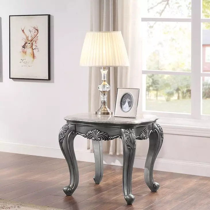 Ariadne Gray and Platinum Rectangular Marble Top End Table