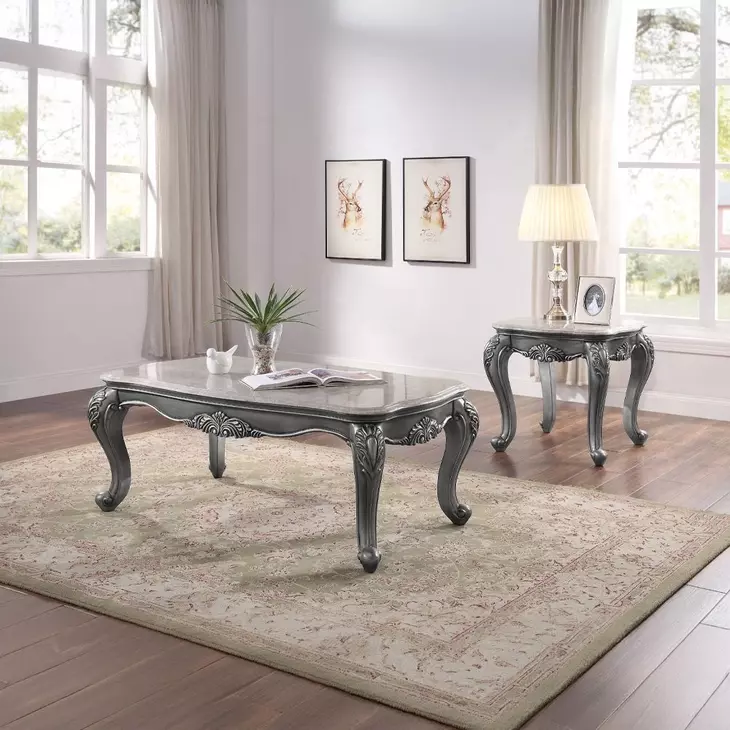 Ariadne Gray and Platinum Rectangular Marble Top End Table