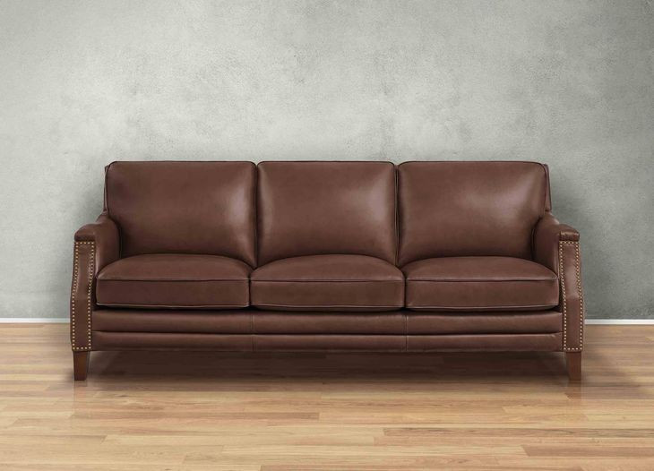 Camden Pecan Leather 87" Sofa with Nailhead Trim