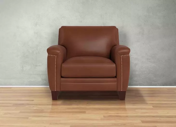 Sherwyn Pecan Leather Upholstered Accent Chair with Nailhead Trim