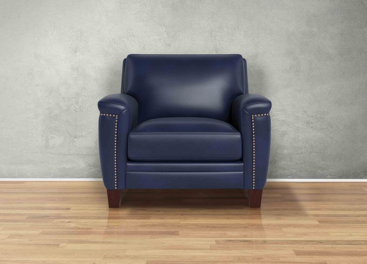 Sherwyn Navy Leather Upholstered Accent Chair with Nailhead Trim