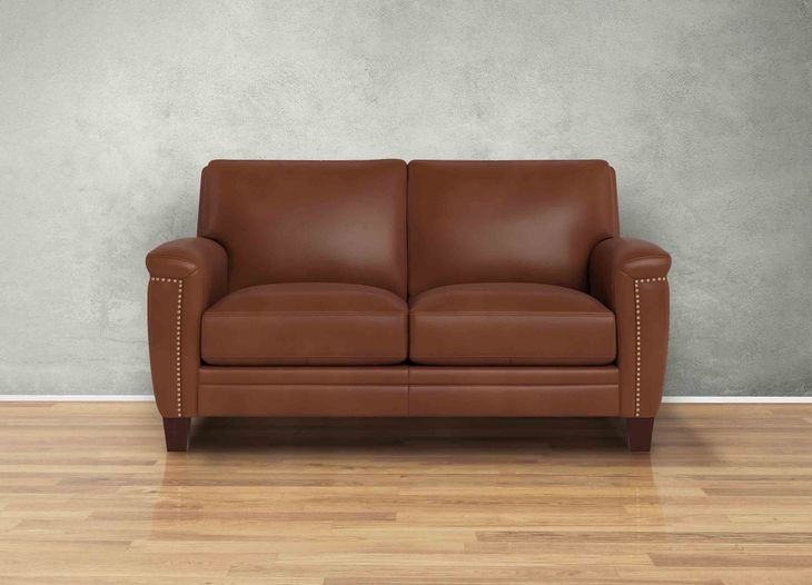 Sherwyn Pecan Leather 64" Loveseat with Nailhead Trim