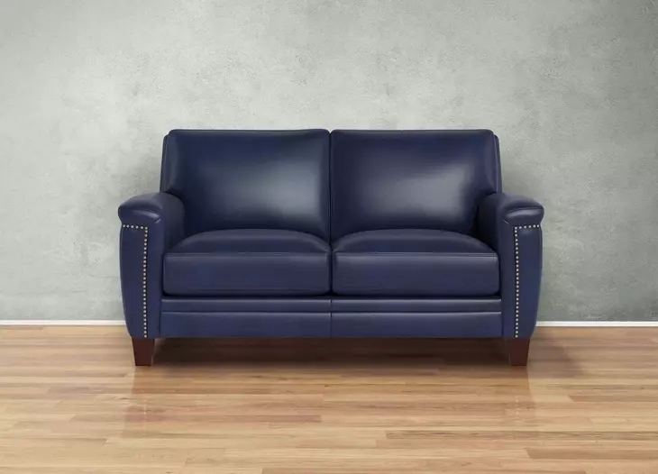 Sherwyn Navy Leather 64" Loveseat with Nailhead Trim