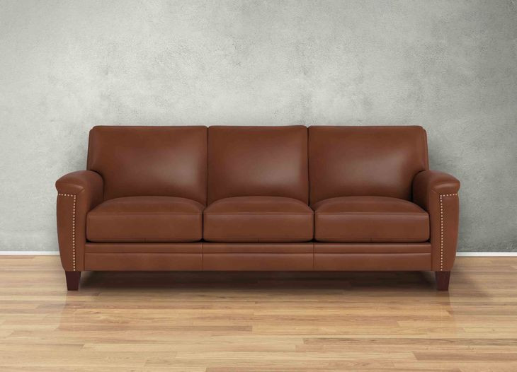 Sherwyn Pecan Leather 89" Sofa with Nailhead Trim