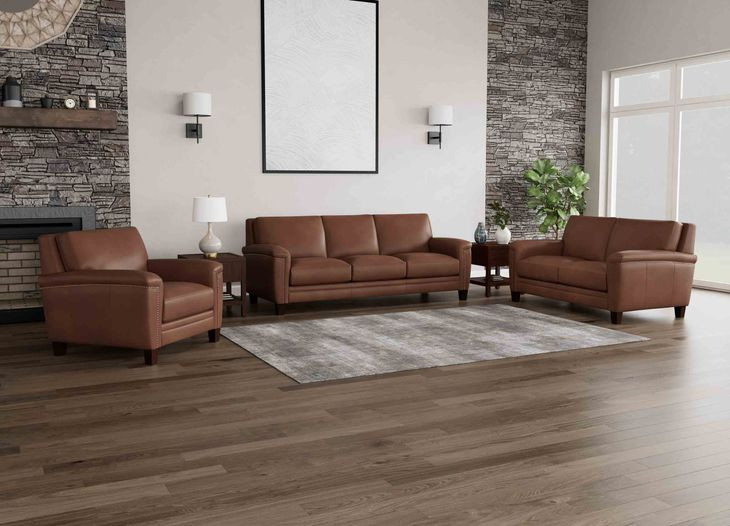 Sherwyn Pecan Leather Living Room Set