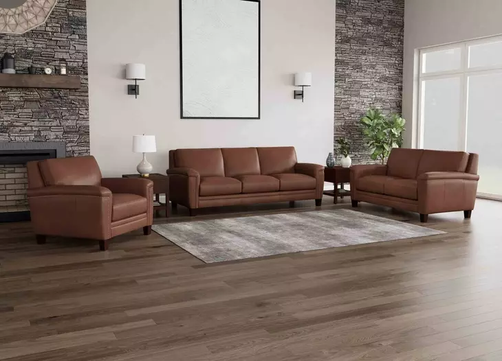 Sherwyn Pecan Leather Living Room Set