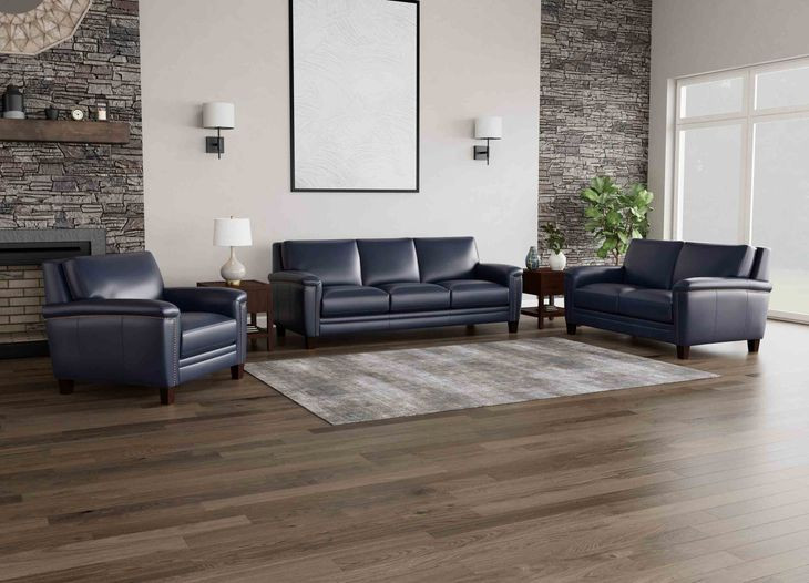 Sherwyn Navy Leather Living Room Set