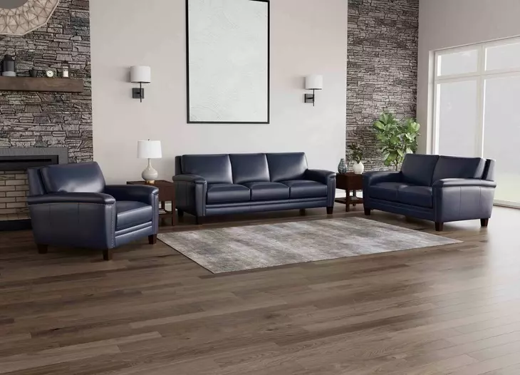 Sherwyn Navy Leather Living Room Set