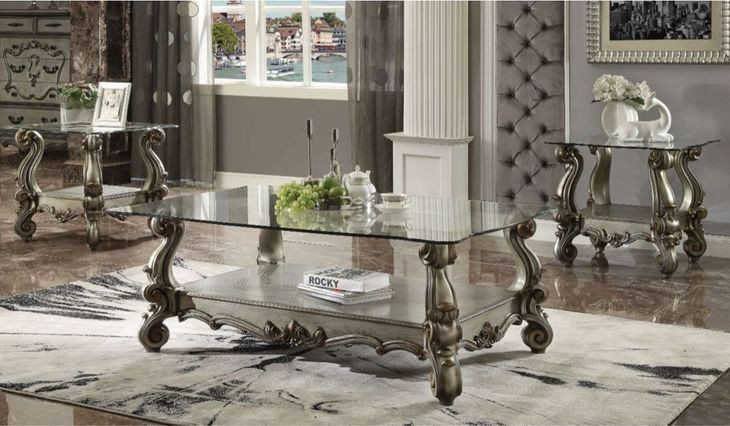 Versailles Antique Platinum Square Glass Top End Table