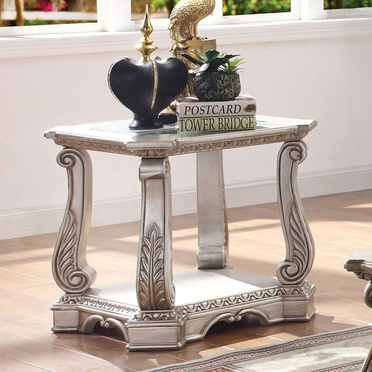 Northville Antique Silver Rectangular Glass Top End Table