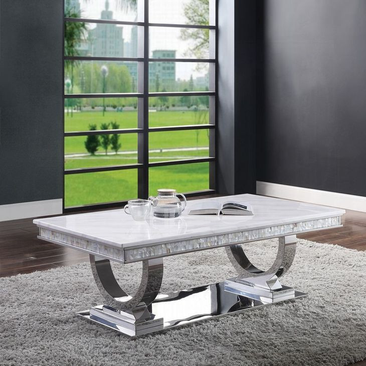Zander White and Silver Rectangular Marble Top Coffee Table From Acme ...