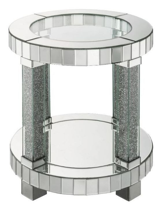 Noralie Silver and Gray Round Glass Top End Table with Storage