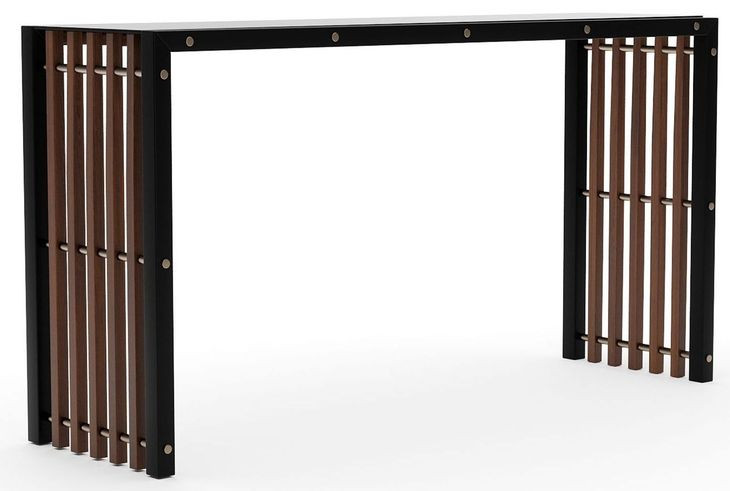 Pinstripe Dark Chocolate and Rich Walnut Rectangular Glass Top Console Table