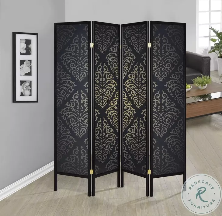 901632 Black Damask 4 Panel Folding Screen