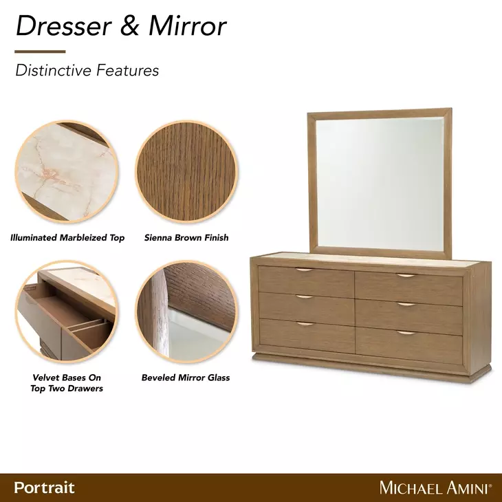 Portrait Sienna Brown 6 Drawer Dresser with LED and Rectangular Mirror
