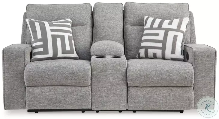 Biscoe Pewter Performance Fabric Power Reclining Console Loveseat