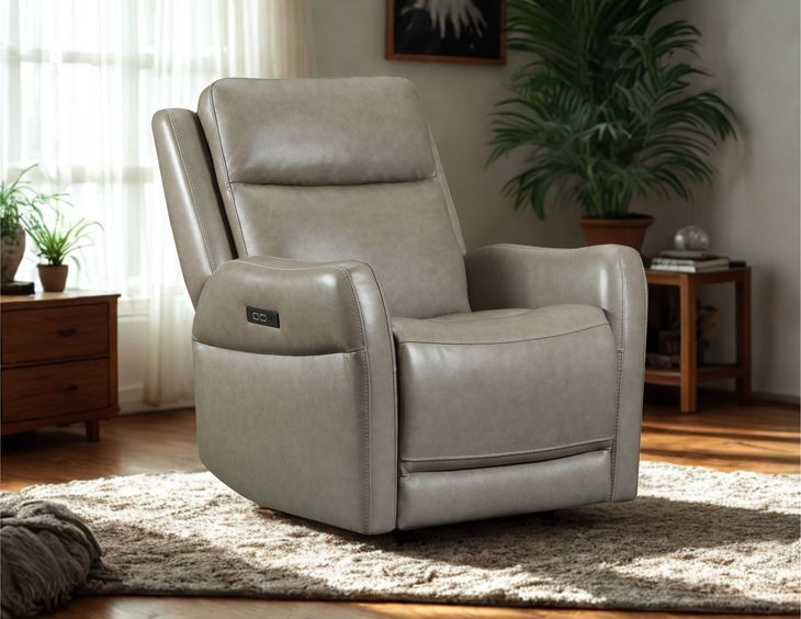 Frances Gray and Beige Leather Swivel Glider Power Recliner with USB Charging