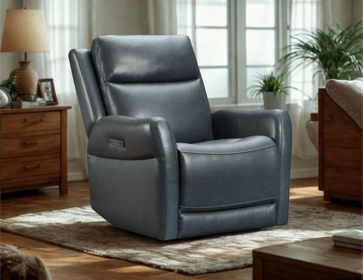 Frances Blue Leather Swivel Glider Power Recliner with USB Charging