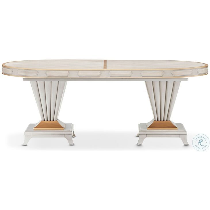 St. Helena Dove Gray 145" Extendable Oval Dining Table with Storage