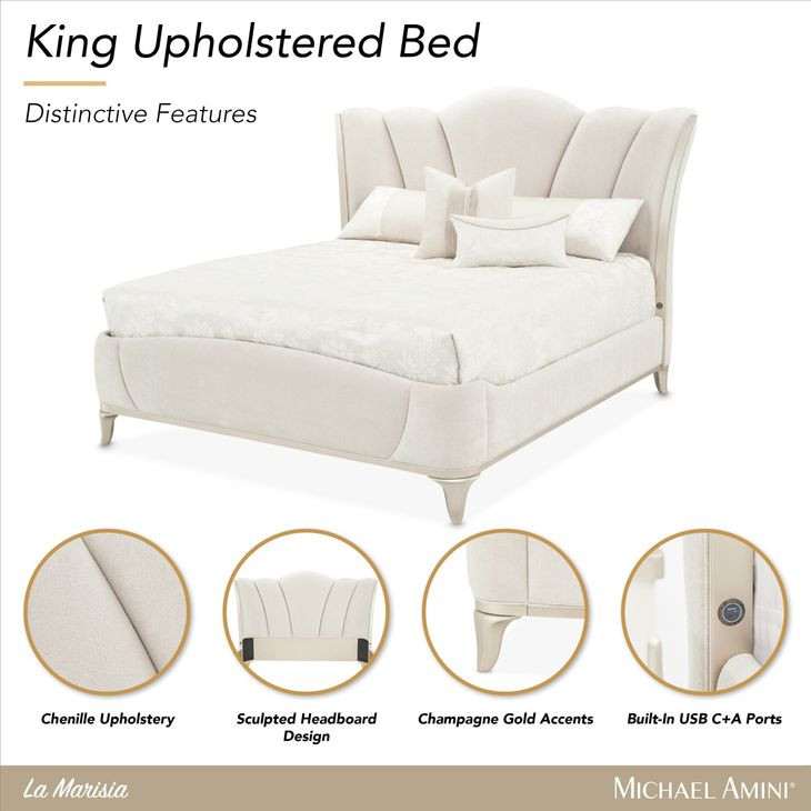 La Marisia Champagne Gold and Tranquil California King Upholstered Panel Bed with USB Charging