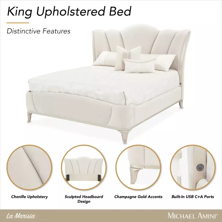 La Marisia Champagne Gold and Tranquil California King Upholstered Panel Bed with USB Charging